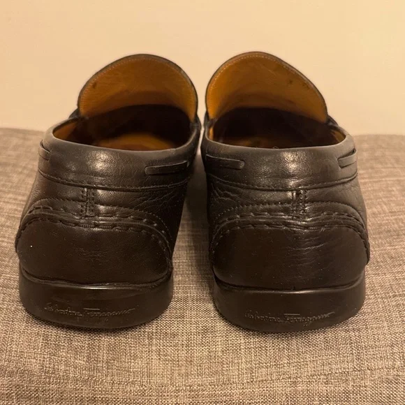 Salvatore Ferragamo Black Leather Loafers with Silver Accents